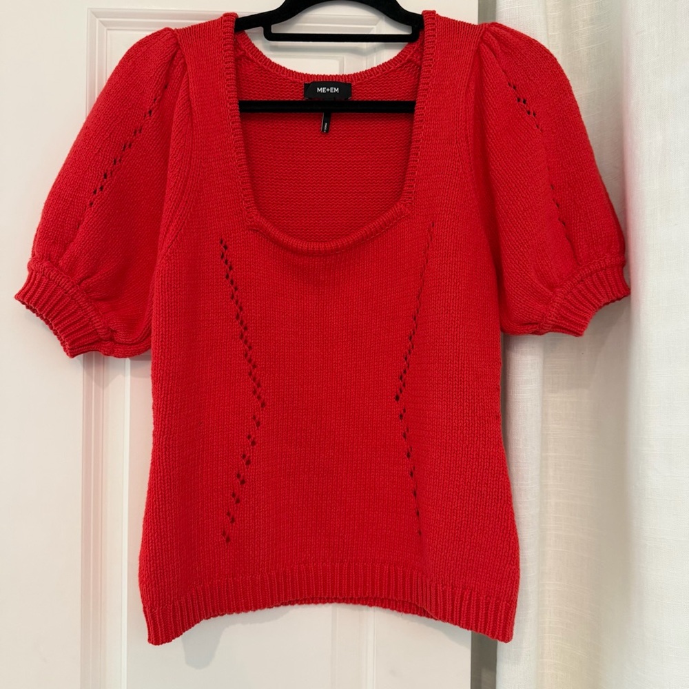ME+EM Bright Red Scoop Neck Puff Sleeve Knit Top